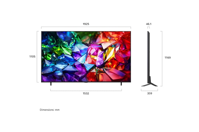 LG Micro RGB evo AI MRGB95 toont aan de voor- en zijkant een 100-inch display met een scherm van 2230 mm breed, een schermhoogte van 1277 mm, een hoogte van 1374 mm met standaard, een diepte van 49,9 mm en een standaardvoetafdruk van 1725 bij 415 mm.
